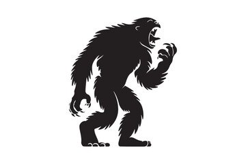 Silhouette of a hairy bigfoot creature standing and looking towards the viewer