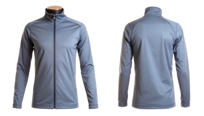 Gray jacket displayed on mannequin front and back view on white background