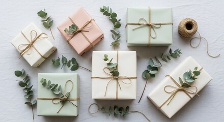 Wrapped gift boxes with eucalyptus leaves and twine for special occasions.