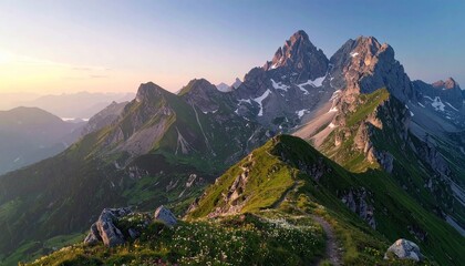Panoramic vista of majestic mountains with verdant slopes and snowy peaks in scenic daylight