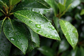 Close up of rain drenched green leaves capturing natures beauty