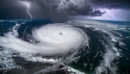 Aerial view of a hurricane with a visible eye, lightning and dark storm clouds