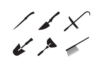 Collection of hand drawn gardening tools in black silhouette