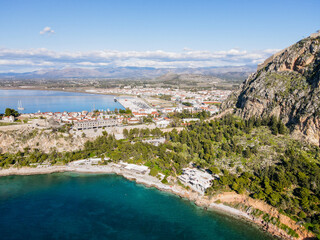 Fototapeta premium Aerial Mediterranean Sea beach and cliffs nature landscape winter sunny day in Nafplio Greece