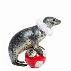 Obraz premium Gray Seal Balancing on a Red Ball Wearing a White Ruffled Collar on a White Background