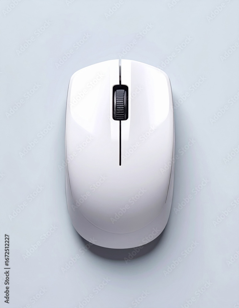 Poster top view of sleek white wireless computer mouse with scroll wheel on light blue surface
