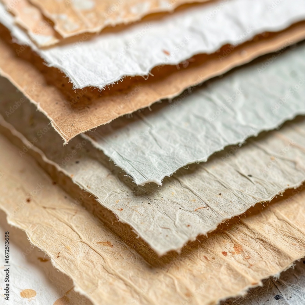 Poster stack of textured paper sheets in neutral tones with handmade edges for craft projects