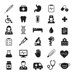 Set of medical icons in black silhouette style. Healthcare symbols including doctor, nurse, hospital, medicine, syringe, DNA, microscope, stethoscope, ambulance, pharmacy, and laboratory tools