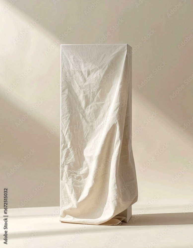 Poster white fabric draped over rectangular display block in minimalist style with soft lighting on beige b