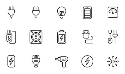 Vector icons depicting electricity, energy usage, and electrical equipment such as plugs and meters.