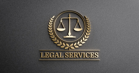 Legal Services: Golden Icon with Scales of Justice and text. Law Concept