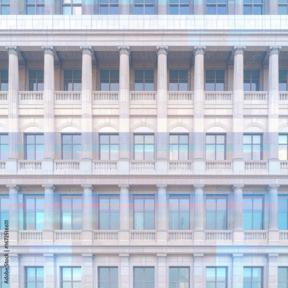 Poster ornate beige building facade with classical columns and rectangular windows detail