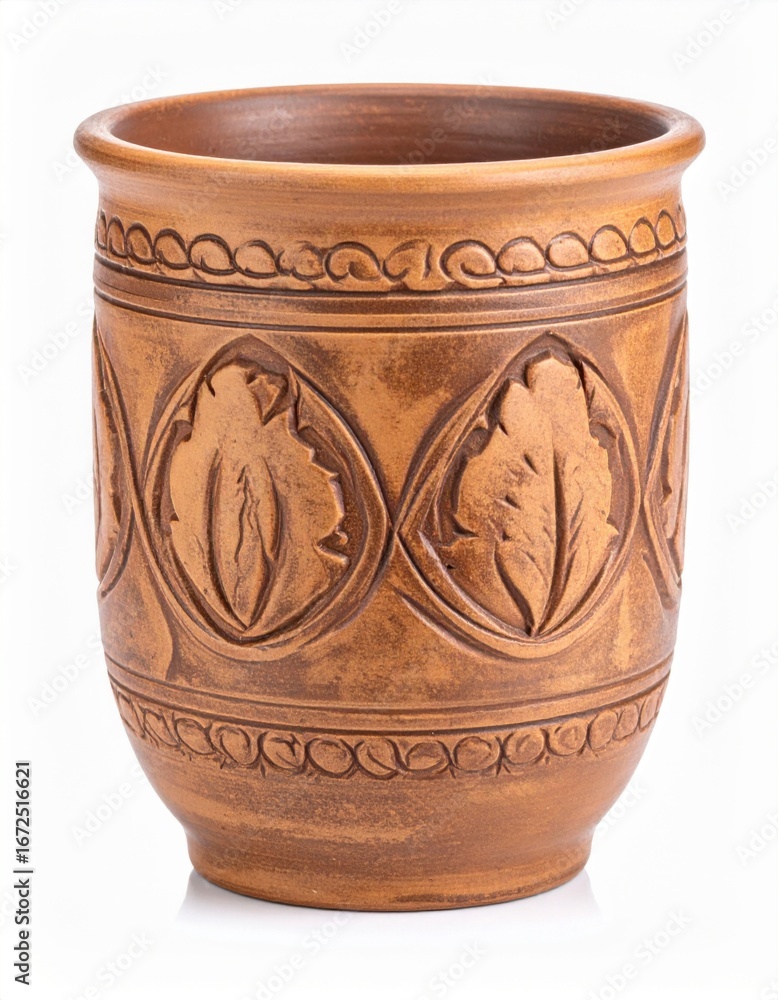 Poster earthenware pot with embossed leaf design on clean white background in a studio setting
