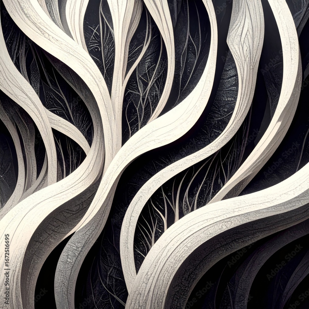 Poster abstract trees forming a swirl in black and white creating a wavy pattern illustration
