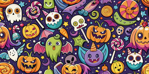 Naklejka premium Candy Monster Mash, halloween pattern, Seamless candy, monsters, lollipops, glowing pumpkins, bats, spooky party