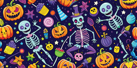 Naklejka premium Skeleton Disco Party, Seamless pattern, Dancing skeletons, neon pumpkins, candy, glowing stars, seamless Halloween festive background, Seamless pattern