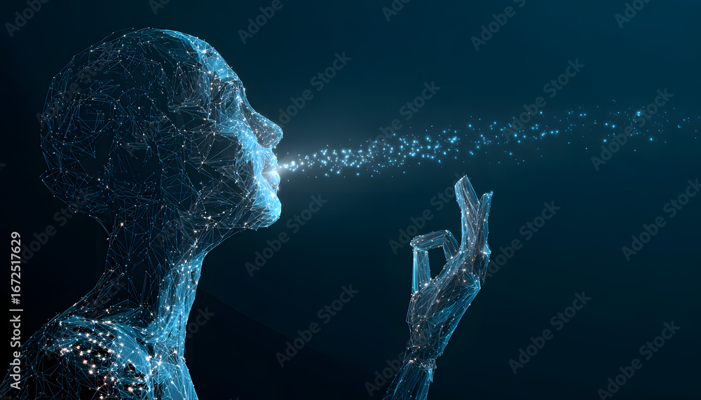 Poster person talking with robotic ai.futuristic technologyor machine learning conceps.generative ai techno