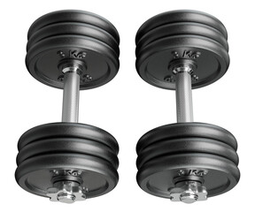 Pair of black adjustable dumbbells, weightlifting gym equipment,top view. Png clipart isolated on...