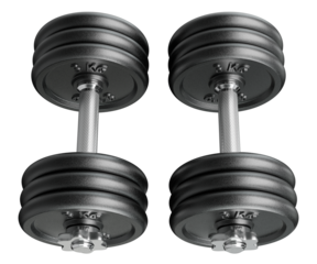 Pair of black adjustable dumbbells, weightlifting gym equipment,top view. Png clipart isolated on transparent background