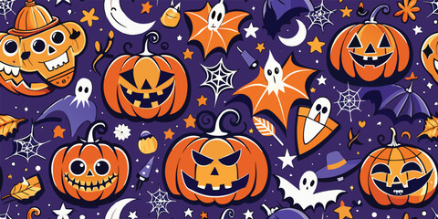 Spooky Pumpkin Lanterns , Seamless pumpkins, lanterns, bats, glowing stars, spooky Halloween feeling, Seamless pattern