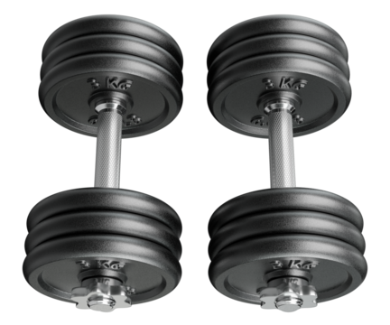 Pair of black adjustable dumbbells, weightlifting gym equipment,top view. Png clipart isolated on transparent background