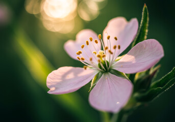 Fototapeta premium Close-up of a delicate pink flower with yellow stamens in sunlight