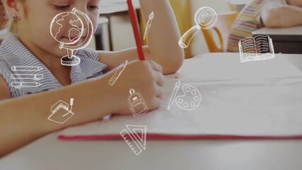 Animation of education school icons over diverse school children writing in classroom - Powered by Adobe