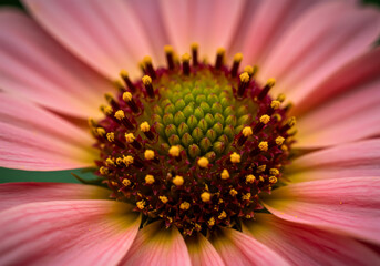 Macro close-up of a pink flower with green center and yellow pollen details
