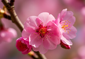Close-up of blooming pink cherry blossoms on a branch in spring
