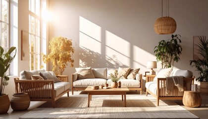 Serene Living Space Interior Design Featuring Wooden Furniture And Natural Light