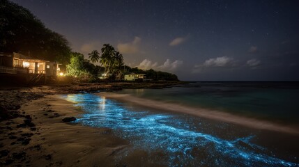 High quality photo of bioluminescent waves wash ashore on a tropical beach at night.