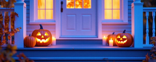 Obraz premium Spooky halloween scene featuring illuminated jack-o'-lanterns on a porch, with glowing windows creating a cozy autumn ambiance.