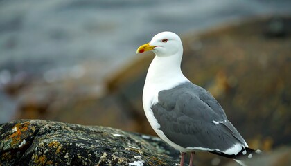 Fototapeta premium Seagull stands on a lichen-covered rock in front of blurred coastal water