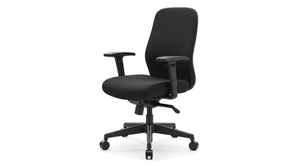  Ergonomic black office chair with adjustable armrests, isolated on white background.
