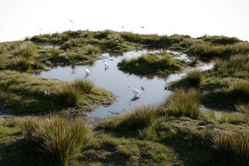 Wetland habitat featuring birds and grass in natural environment