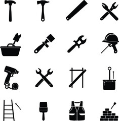 Fototapeta premium Construction tools vector icons set hammer saw wrench drill helmet ladder and more icons 100