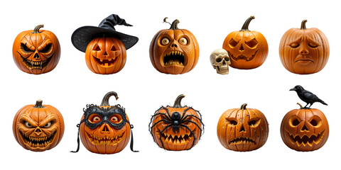 Halloween Pumpkin Set PNG – Transparent Background Spooky Jack-o'-Lantern Faces, Festive Carved Designs Perfect for Seasonal Decor, Crafts, and Digital Projects