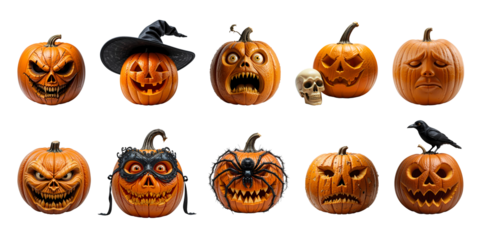 Halloween Pumpkin Set PNG – Transparent Background Spooky Jack-o'-Lantern Faces, Festive Carved Designs Perfect for Seasonal Decor, Crafts, and Digital Projects