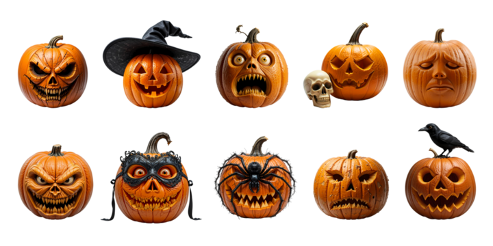 Halloween Pumpkin Set PNG – Transparent Background Spooky Jack-o'-Lantern Faces, Festive Carved Designs Perfect for Seasonal Decor, Crafts, and Digital Projects