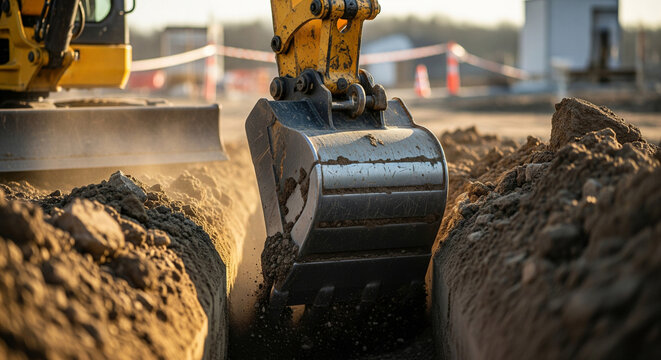 Mini excavator bucket digging a trench at a construction site, close-up