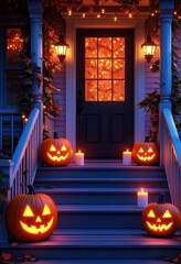 Obraz premium A festive halloween scene featuring glowing jack-o'-lanterns on a porch, illuminated candles, and a warmly lit front door, creating a spooky yet inviting atmosphere.