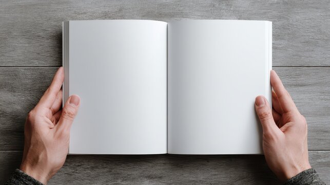 High quality photo of hands holding open blank book on wooden background.
