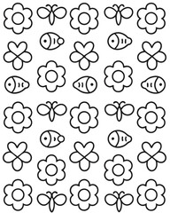 Fototapeta premium Whimsical pattern of outline flowers, butterflies, and fish, handdrawn style, isolated on white background, ideal for kids crafts, stationery, and decorative projects