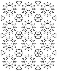 Seamless pattern of cute smiling suns and flowers with triangles, isolated on white background, for childrens coloring pages and design