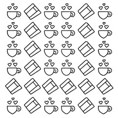 Charming seamless pattern featuring stylized coffee cups with hearts rising like steam, isolated on white background, ideal for cafe branding, stationery, and romantic themes