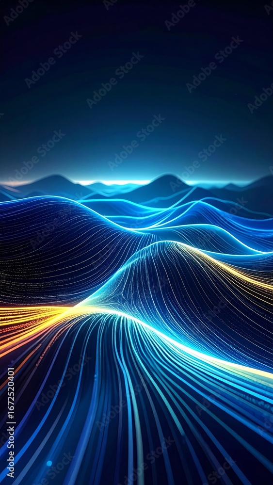 Poster abstract digital landscape with flowing lines and glowing particles on dark background