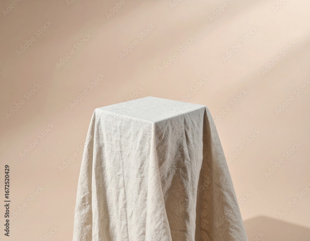 Poster fabric draped over cube on beige backdrop with soft shadows for product mockup
