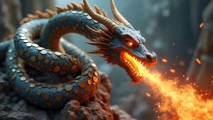 Fototapeta premium A close up of a dragon with its mouth open in front of a fire.