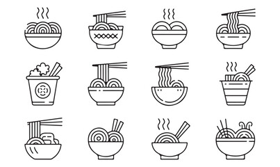 "Vector illustrations of noodle dishes, bowls, and takeout containers for culinary designs"