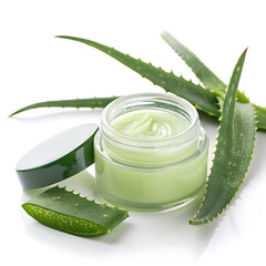 A jar of green aloe vera cream with fresh aloe vera leaves and slices, isolated on white background